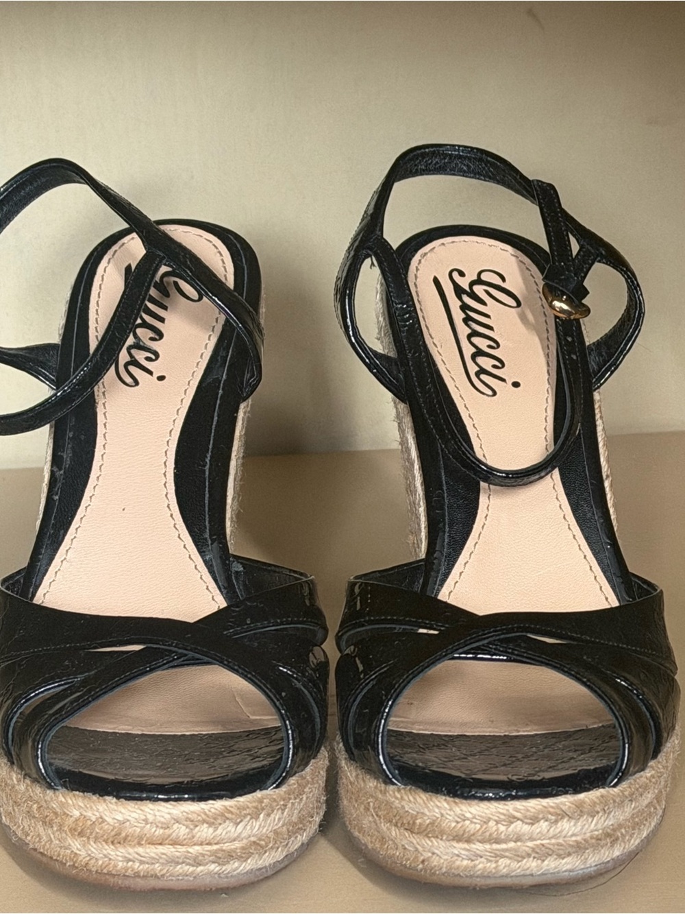 Gucci Black Patent Leather Espadrille Wedge Sandals with Ankle Strap